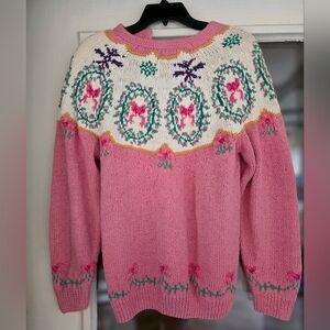 Vintage Signatures Northern Isles Pink Bow Patterned Sweater Medium Hand Knitted